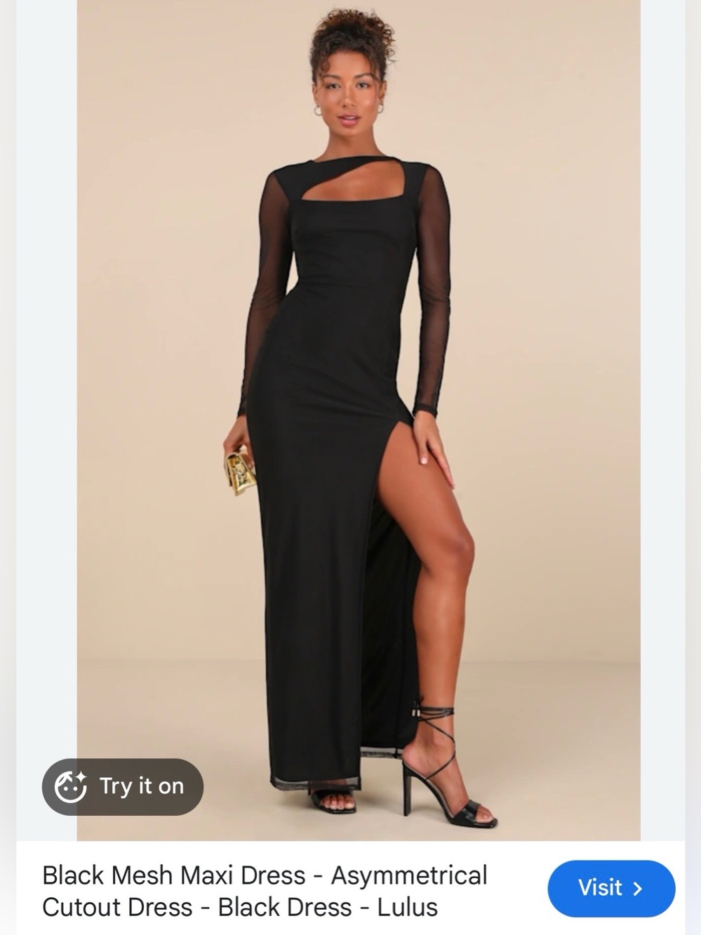 Lulu's Black Asymmetric Mesh-Sleeve Maxi Dress